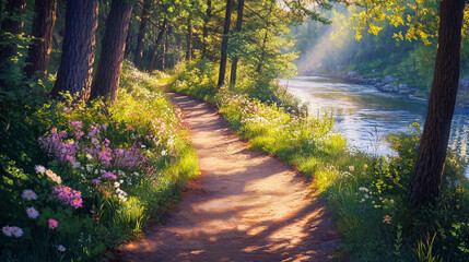 Fototapeta premium An enchanted forest trail immersed in morning light, winding along a quiet river. Surrounded by lush wildflowers and lush greenery.