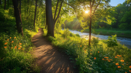 Obraz premium An enchanted forest trail immersed in morning light, winding along a quiet river. Surrounded by lush wildflowers and lush greenery.