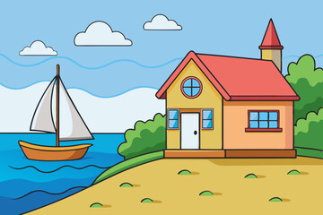 House on the shore and a sailboat next to it. Sketch illustration for coloring book art vector illustration