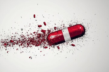 A dramatic and intense close up of a shattered red capsule with fragments scattered across a white surface symbolizing the potential risks and challenges of pharmaceutical use in healthcare