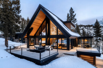 A beautiful A-frame wooden house with full wall windows by snowy mount