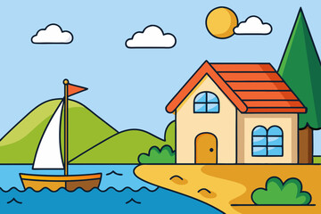Fototapeta premium House on the shore and a sailboat next to it. Sketch illustration for coloring book art vector illustration