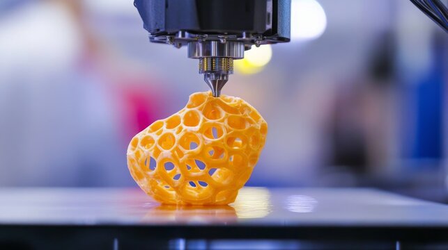 A 3D printer extrudes molten plastic to form a vibrant yellow lattice structure on its build platform in a workshop.