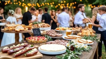 Obraz premium Enjoying traditional German food and drinks, a group shares laughter and camaraderie on a sunny autumn day surrounded by nature's vibrant colors