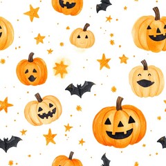 halloween seamless pattern, Seamless pattern background of friendly pumpkins, twinkling stars, and fun Halloween elements, created in a minimal 2D watercolor illustration style