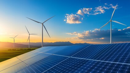 Aerial View of Solar Panels and Wind Turbines at Sunset
