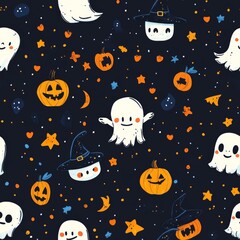 Naklejka premium Seamless pattern with adorable Halloween icons like smiling skulls, tiny witches, and friendly ghosts