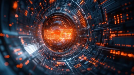 Obraz premium Futuristic Digital Tunnel with Glowing Orange and Blue Lights in a High-Tech Cyber Environment