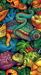 Obraz premium A lively design features various reptiles, amphibians, and lush leaves in bright colors