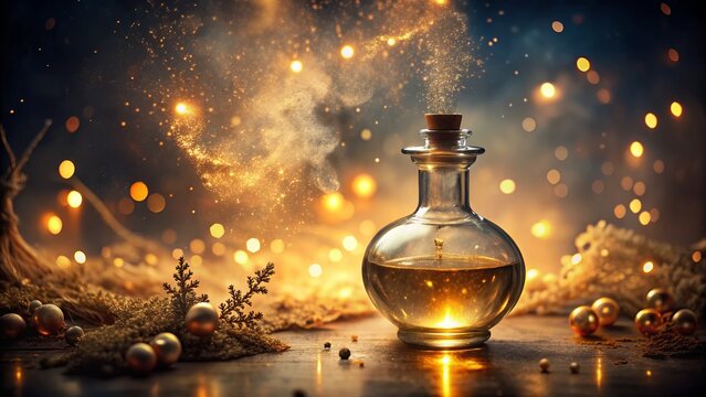 Ethereal whimsy captures delicate apothecary vessel containing mysterious elixir under warm golden softbox lighting with muted earthy tones subtle sparkling mist evoking ancient mysticism