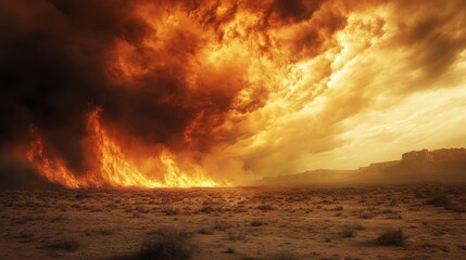 A dramatic scene of a firestorm sweeping across a desert landscape. The intense, swirling flames and thick smoke create a sense of devastation and the raw power of nature.