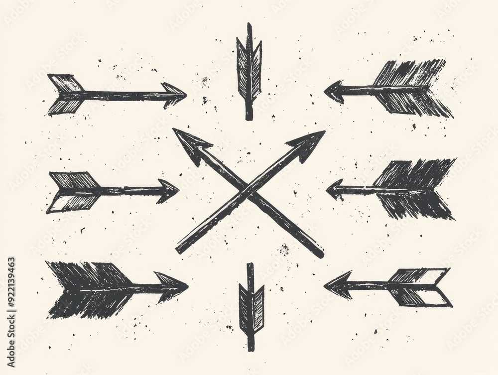 Poster Intersecting hand drawn arrows in a bold stylized design representing dynamic movement direction and convergence of ideas or concepts