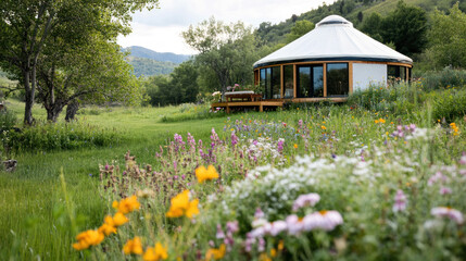 A cozy modern yurt by meadow wildflower, luxury glamorous camping glamping