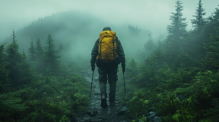 A lone hiker makes their way through a misty forest, seeking adventure and a sense of solitude.