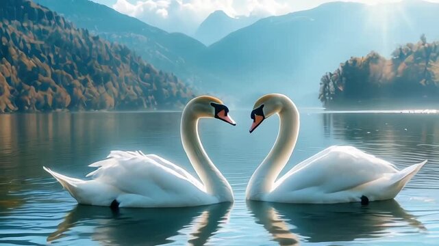 animal wildlife love and fantasy concept two white swans in love swimming in lake swans making heart shape from necks in dreamlike and magical background