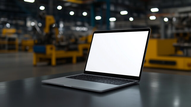 Laptop mockup with a white screen on a metal workbench with industrial tools and machinery in the background