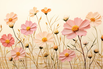 Naklejka premium Composition délicate de fleurs pastel roses et oranges en papier découpé sur un fond doux, créant une ambiance printanière et poétique