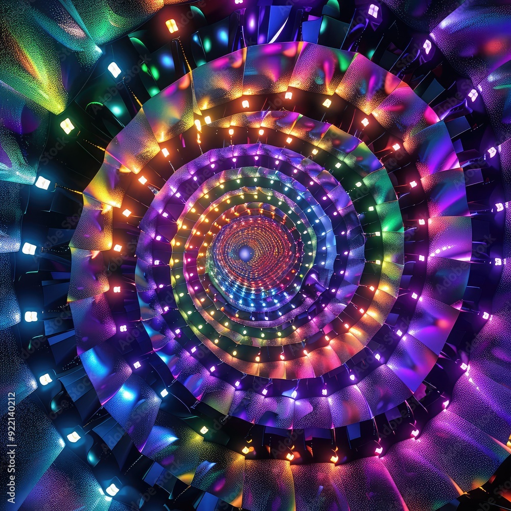 Poster abstract colorful spiral pattern with glowing lights, creating a hypnotic and mesmerizing effect.