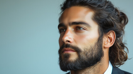 Obraz premium A poised male model with a man bun and beard, dressed in a classic black suit, posing against a light blue background with natural lighting