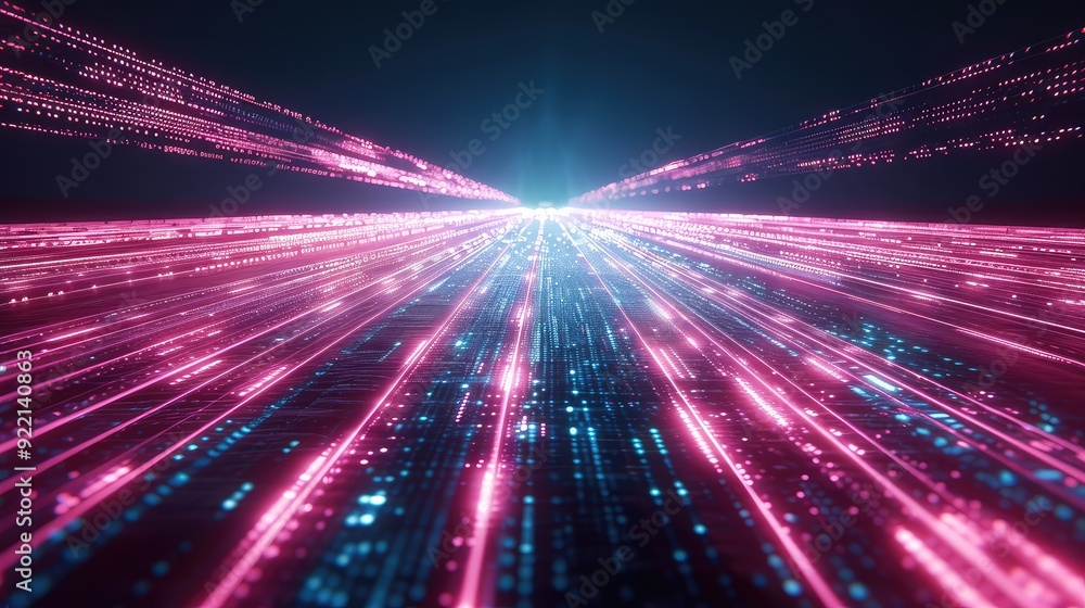 Poster abstract digital background with glowing pink and blue lines converging towards a bright light sourc