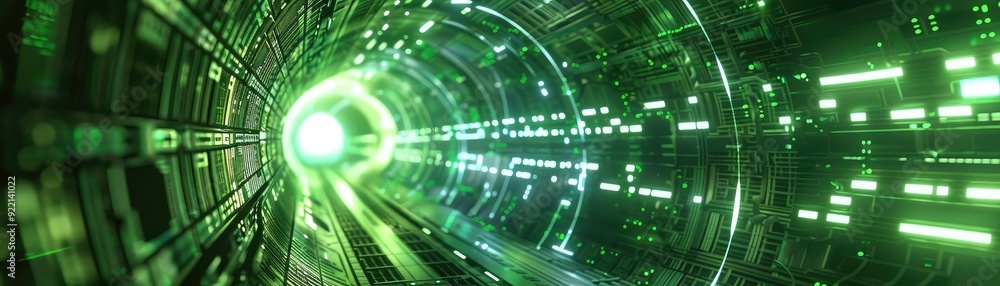 Poster abstract digital tunnel with glowing green light and lines.