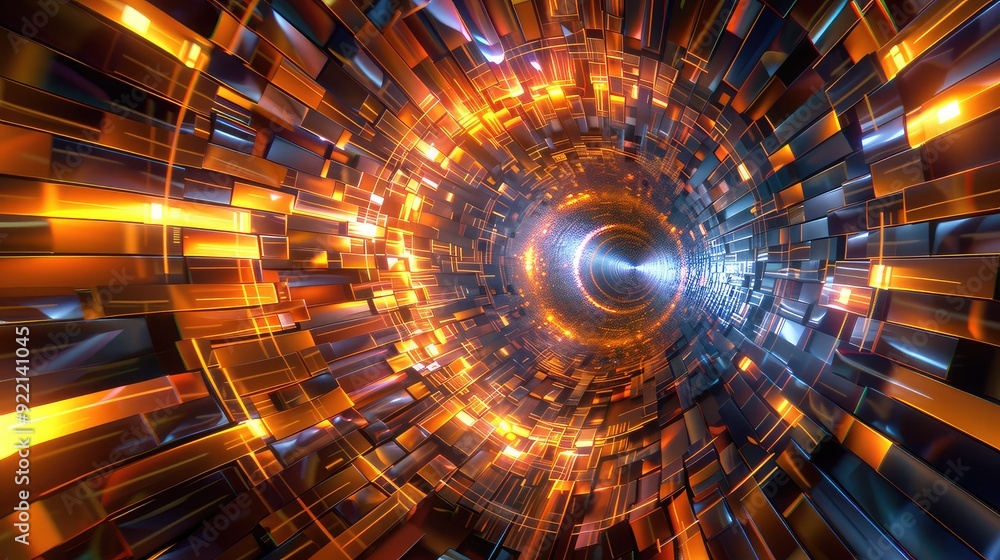 Poster abstract digital tunnel with glowing orange and blue lights, creating a futuristic and dynamic visua