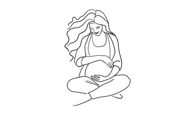 Woman enjoying maternity leave and motherhood continuous line art drawing isolated on white background. Pregancy woman. Vector illustration