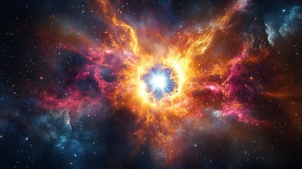 A dramatic scene of a supernova explosion in a distant star system. The brilliant explosion and expanding cloud of gas and dust create a spectacular and colorful cosmic display