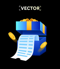 3d bill or receipt coming out from a gift box, with golden coins, isolated on dark background. Online shopping with gift and cashback. 3d vector illustration. Vector illustration
