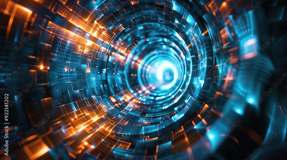 Aufkleber abstract futuristic tunnel with glowing lights and geometric patterns.