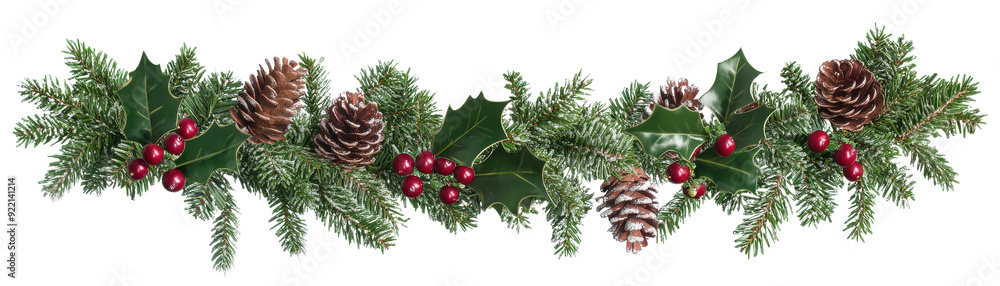 Wall mural festive christmas garland with pine cones, green needles, and red berries, perfect for holiday decor