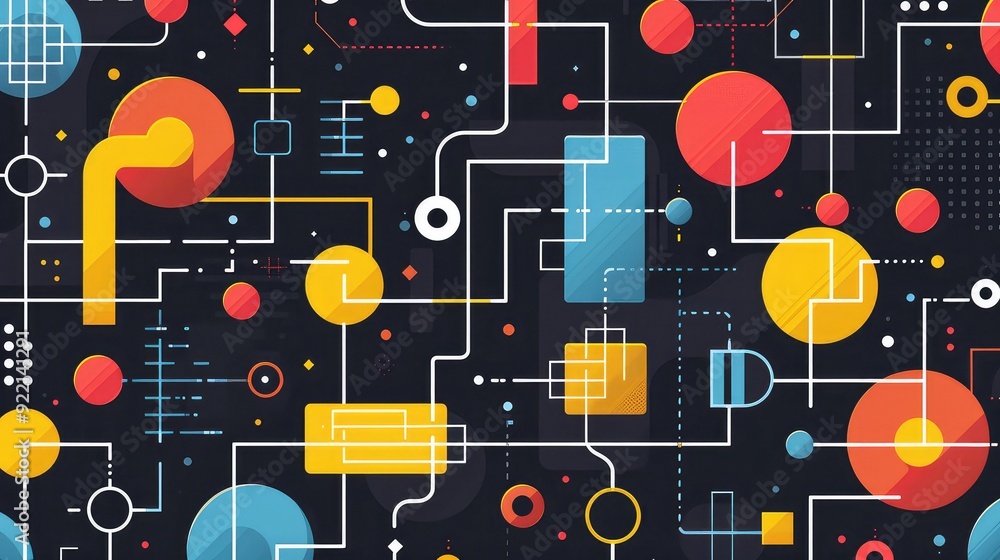 Poster abstract geometric pattern with colorful circles, squares and lines on black background.
