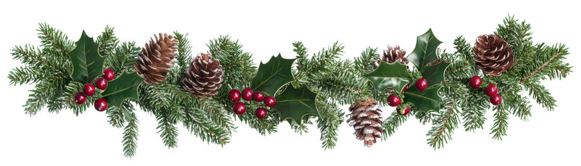 Festive Christmas garland with pine cones, green needles, and red berries, perfect for holiday decoration and seasonal celebrations.