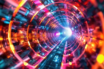 Obraz premium Abstract futuristic tunnel with vibrant neon lights and glowing energy.