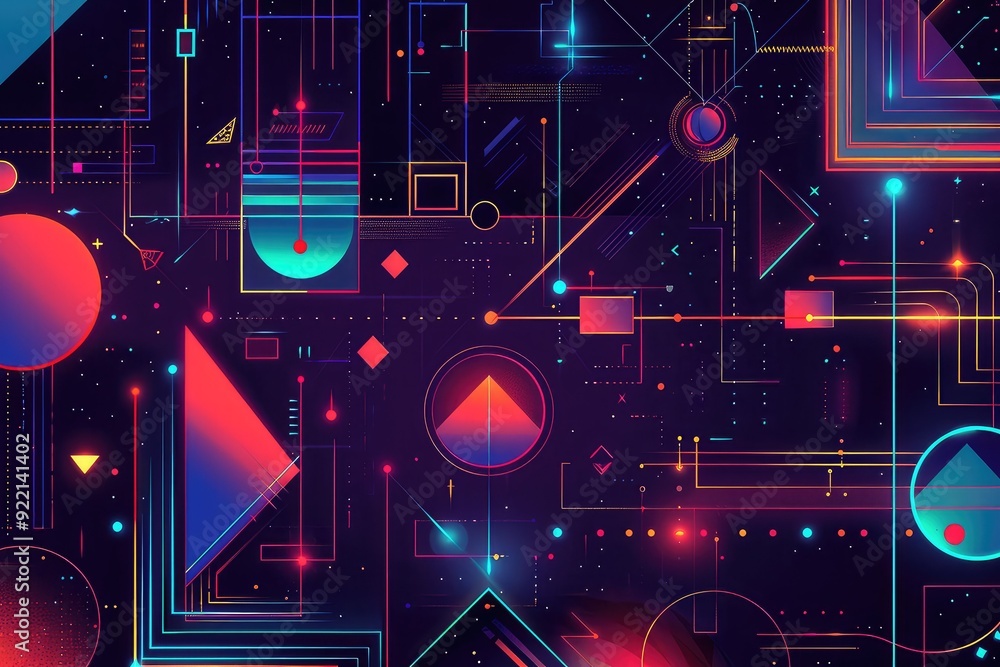 Poster abstract geometric pattern with vibrant neon colors and glowing lines on a dark background.