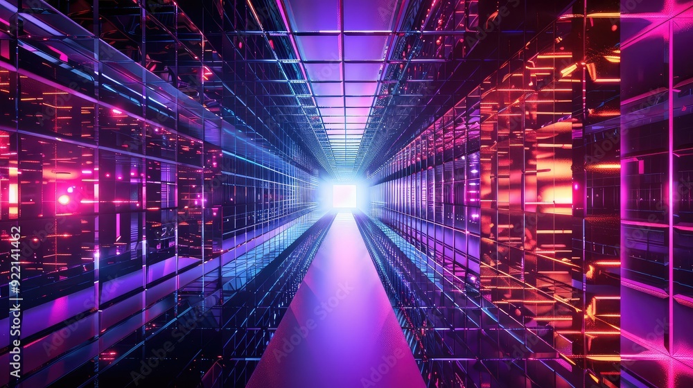 Poster abstract glowing tunnel with neon lights and grid pattern. futuristic, vibrant, and dynamic design. 