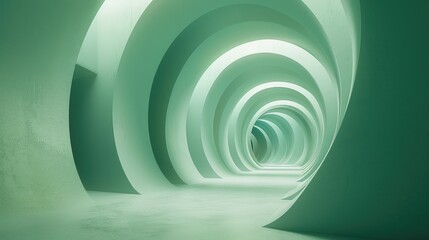 Fototapeta premium Abstract green tunnel with curved walls and glowing light at the end.