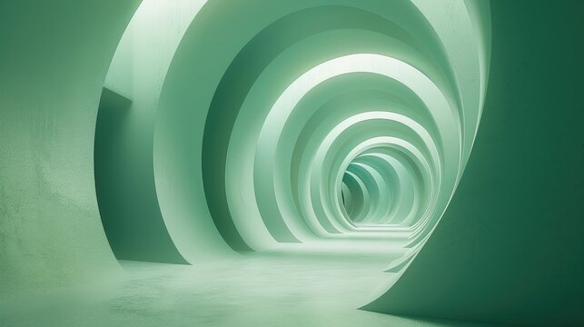 Abstract green tunnel with curved walls and glowing light at the end.