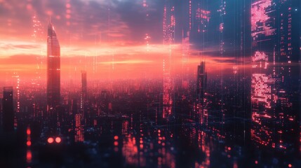 Futuristic Cityscape with Digital Elements and Skyscrapers at Sunset