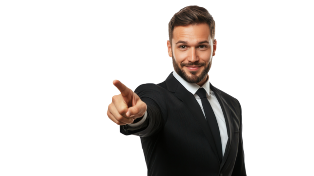 Confident man in black suit pointing his finger towards the camera on white background, business success and leadership concept.