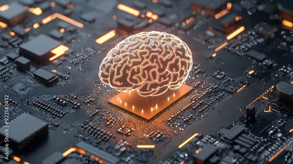 Poster technological evolution: glowing ai chip integrating with human brain for enhanced intelligence fusi