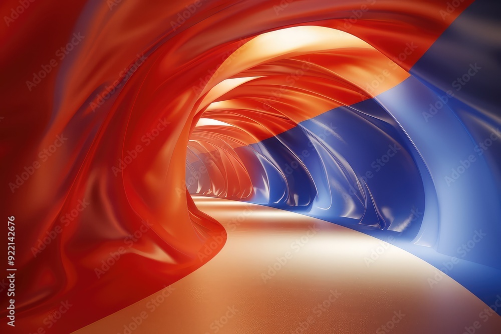 Poster abstract tunnel with red and blue flowing walls. the tunnel is illuminated by a soft light.
