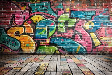 Colorful graffiti art on a brick wall with a wooden floor.
