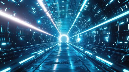 Futuristic blue neon tunnel with bright glowing lights. Sci-fi corridor leading to a bright white light at the end.