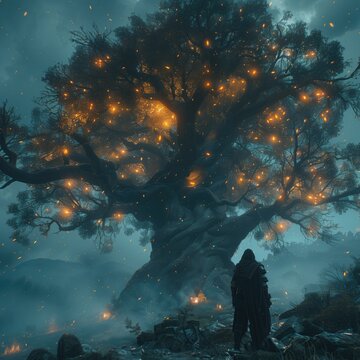 A lone Tarnished warrior standing before a towering, ancient tree in Elden Ring, with mysterious runes glowing on the tree's surface