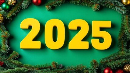 "2025" in bright yellow numbers on a green background. The numbers are surrounded by festive decorations, including pine branches, red and gold ornaments, and pinecones, giving it a holiday or New Yea