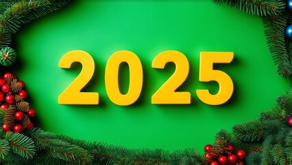 "2025" in bright yellow numbers on a green background. The numbers are surrounded by festive decorations, including pine branches, red and gold ornaments, and pinecones, giving it a holiday or New Yea
