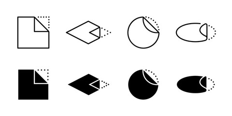 Peel off sticker icon set. Open here symbol. Adhesive paper vector illustration. Sticky tape blank sign collection. Pull off corner dotted edge pictogram. Peel off sticker label or instruction.