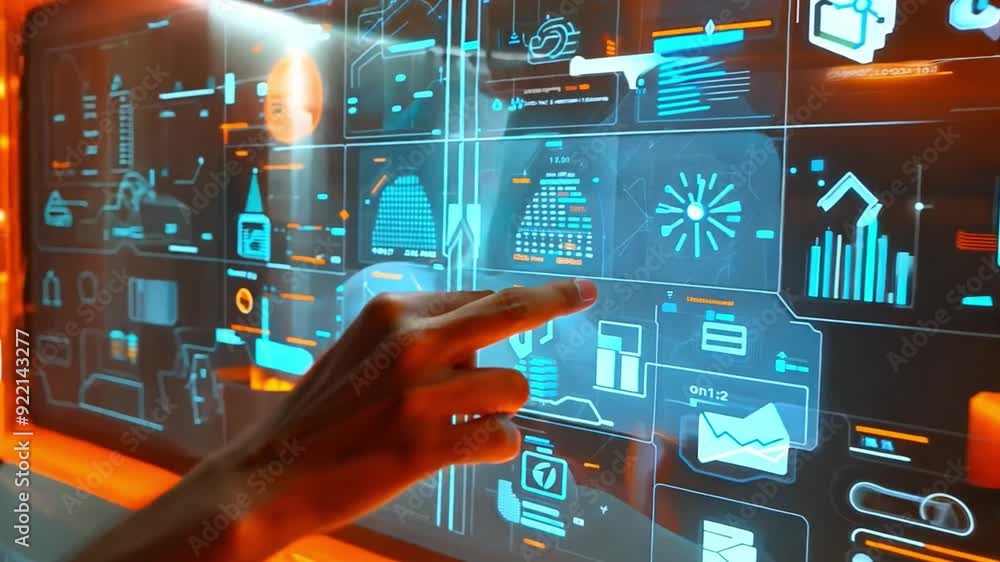 Poster a person interacts with a futuristic touchscreen interface showcasing data insights and graphic visu