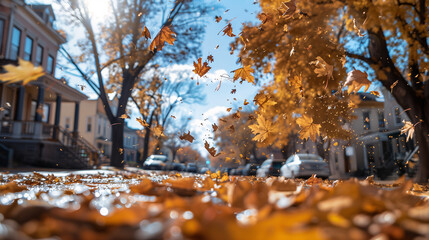Worm eye's view of Autumn leaves are falling from trees to a road on a town against blue sky background.
